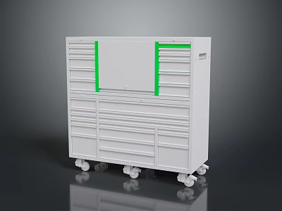 White Workshop Tool Cabinet With Multiple Drawers Green Trim On Wheels 3d model