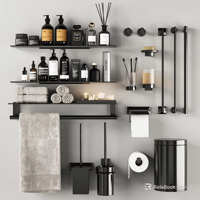 Essential Black Bathroom Accessories With Shelves Rolled Towels Toiletries Toilet Paper Holder And Trash Can 3d model 