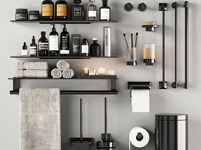 Essential Black Bathroom Accessories With Shelves Rolled Towels Toiletries Toilet Paper Holder And Trash Can 3d model