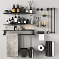 Essential Black Bathroom Accessories With Shelves Rolled Towels Toiletries Toilet Paper Holder And Trash Can