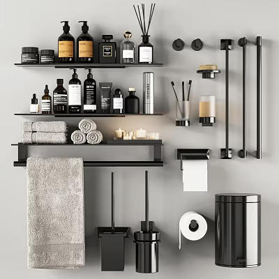 Essential Black Bathroom Accessories With Shelves Rolled Towels Toiletries Toilet Paper Holder And Trash Can 3d model