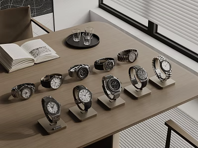 Stylish Watches Display On Table With Open Book And Glasses 3d model