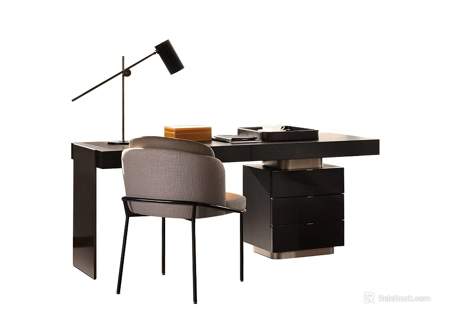 Modern Desk and Chair Set with Black Table Lamp Books and Documents 3d model 