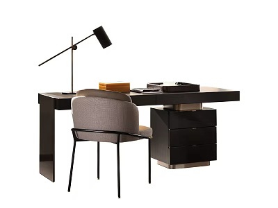 Modern Desk and Chair Set with Black Table Lamp Books and Documents 3d model
