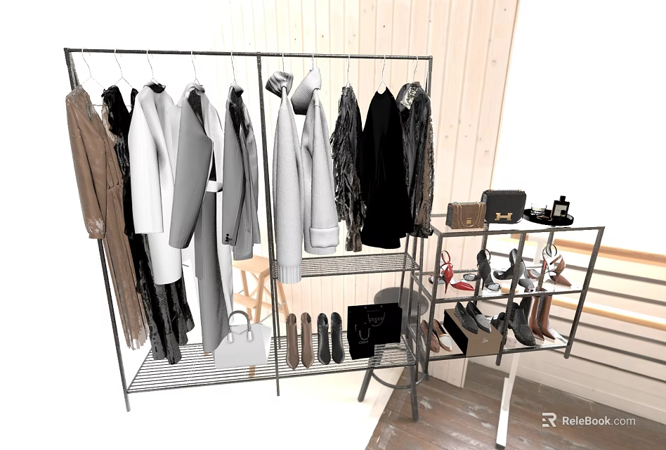 Stylish Clothes Rack With Hanging Clothes Shoes Bags And Accessories 3d model 
