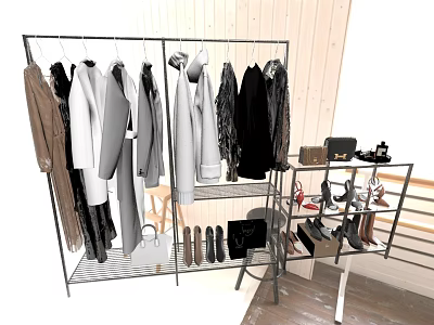 Stylish Clothes Rack With Hanging Clothes Shoes Bags And Accessories 3d model