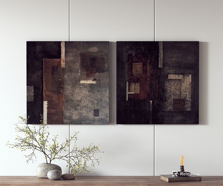Two Abstract Paintings Wall Decor Modern Minimalist Interior With Plant And Candle 3d model 