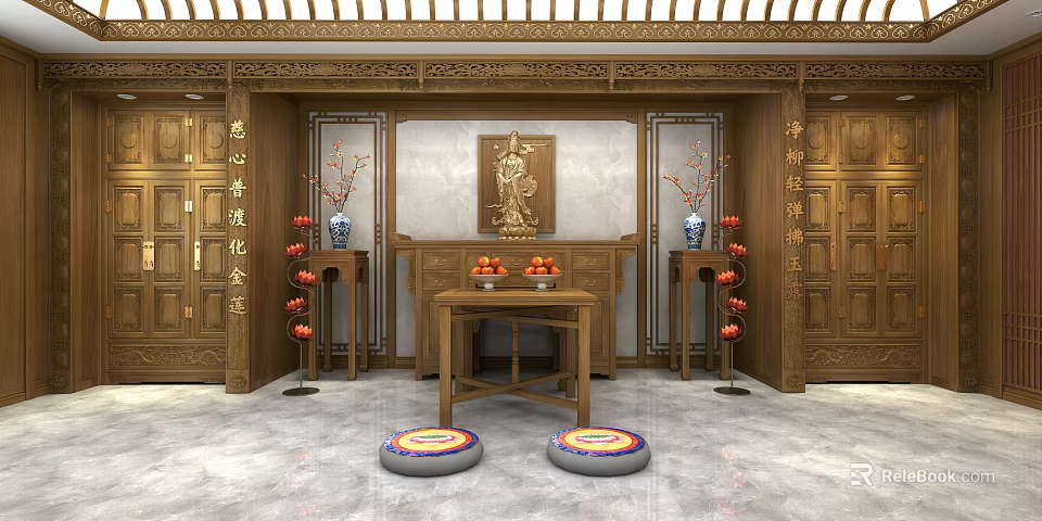 Traditional Chinese Religious Shrine Interior With Wooden Carvings Portrait Red Lanterns Vases And Prayer Mats 3d model 