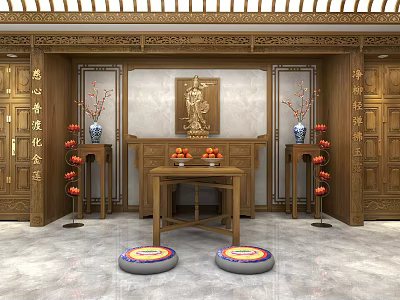 Traditional Chinese Religious Shrine Interior With Wooden Carvings Portrait Red Lanterns Vases And Prayer Mats 3d model