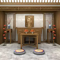 Traditional Chinese Religious Shrine Interior With Wooden Carvings Portrait Red Lanterns Vases And Prayer Mats