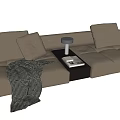 Beige Leather Two Seater Sofa with Throw Pillows Plaid Throw and Side Table 3d model