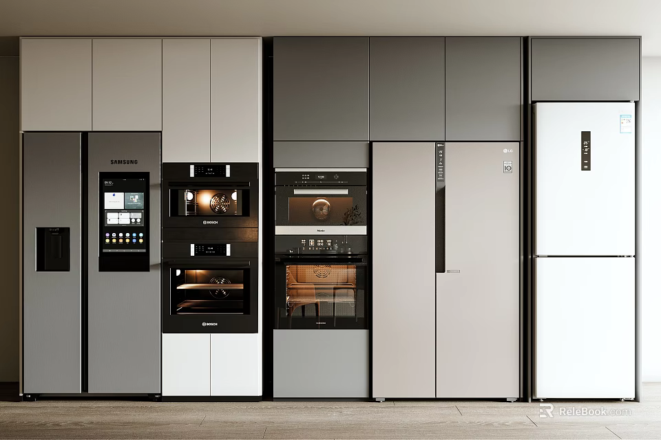 Refrigerator Freezer In Modern Stylish Kitchen Interior With Gray White Cabinets 3d model 