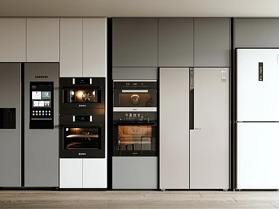 Refrigerator Freezer In Modern Stylish Kitchen Interior With Gray White Cabinets 3d model