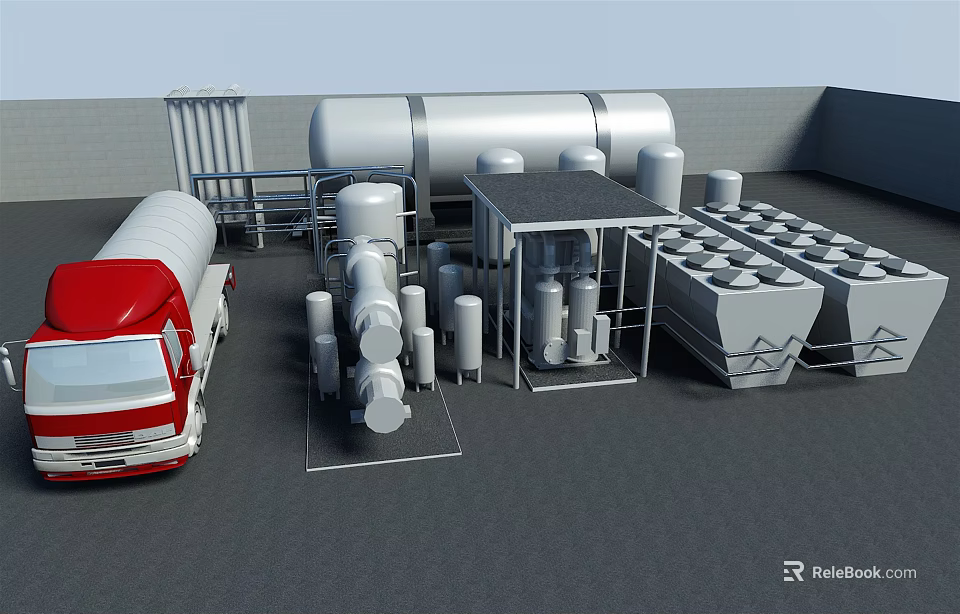 Industrial Equipment Facility Featuring Large Storage Tanks Red Truck Pipes and Square Structures 3d model 