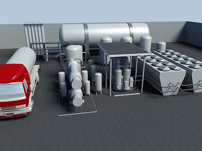 Industrial Equipment Facility Featuring Large Storage Tanks Red Truck Pipes and Square Structures 3d model