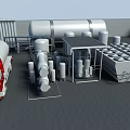 Industrial Equipment Facility Featuring Large Storage Tanks Red Truck Pipes and Square Structures