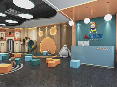 Alex Kindergarten Interior With Wooden Walls Blue Reception Colorful Seats And Cartoon Decorations 3d model
