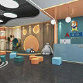 Alex Kindergarten Interior With Wooden Walls Blue Reception Colorful Seats And Cartoon Decorations