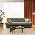 Plush Green Two-seater Sofa With Cushions Pillows Potted Plant And Floor Lamp In Living Room
