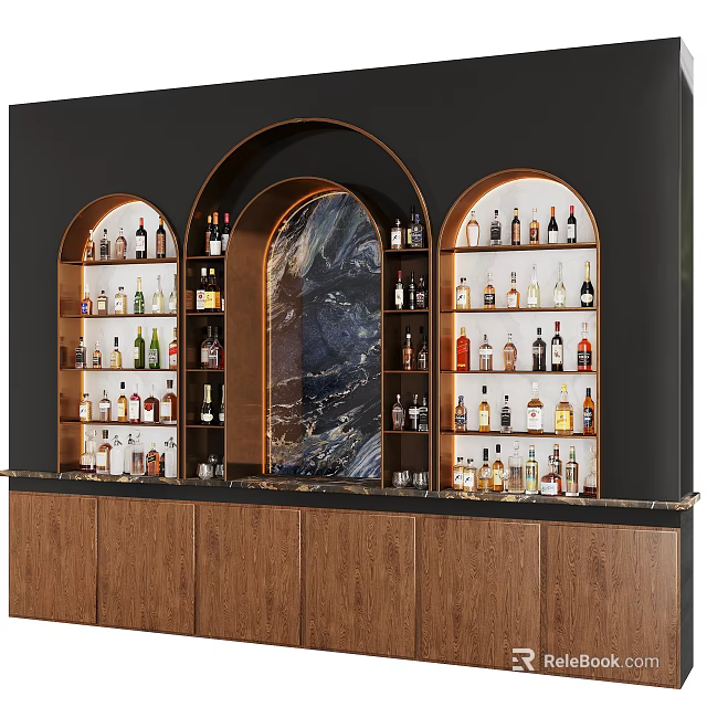 Modern Wine Cabinet Featuring Arched Display Shelves Marble Panel And Wooden Cabinetry With Wine Bottles 3d model 