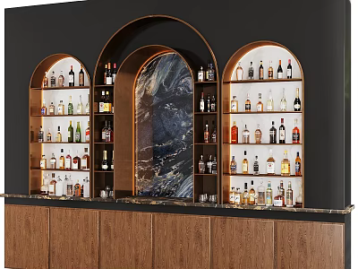 Modern Wine Cabinet Featuring Arched Display Shelves Marble Panel And Wooden Cabinetry With Wine Bottles 3d model