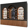 Modern Wine Cabinet Featuring Arched Display Shelves Marble Panel And Wooden Cabinetry With Wine Bottles