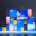 Colorful 3D Structure With Blue Yellow Red Blocks And Cityscape Images On Dark Grid Wall