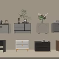 Various Styles of Wall Mounted and Floor Cabinets with Decorative Plants and Vases