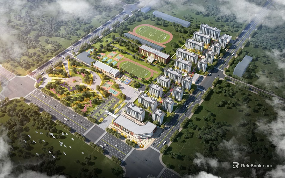 Aerial Planning of Residential Community With Buildings Green Spaces Sports Fields And Roads 3d model 