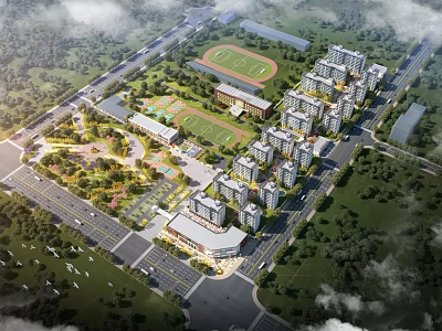 Aerial Planning of Residential Community With Buildings Green Spaces Sports Fields And Roads 3d model