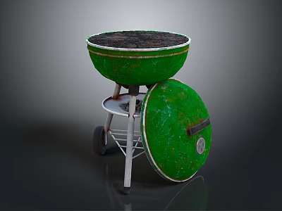 Green Round Portable Outdoor Grill With Wheeled Metal Stand And Lid 3d model
