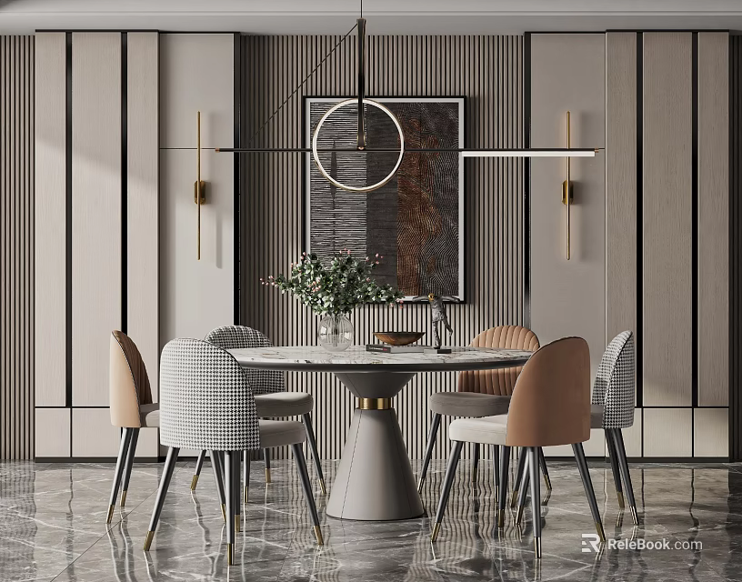 Modern Dining Table Set with Round Marble Top Upholstered Chairs and Pendant Light 3d model
