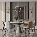 Modern Dining Table Set with Round Marble Top Upholstered Chairs and Pendant Light 3d model