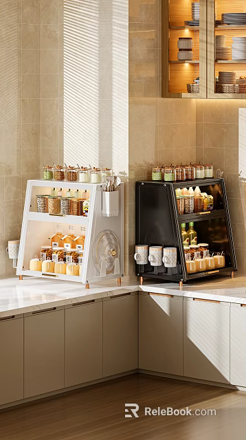 Modern Open Kitchen Cabinets White and Black with Glass Jars Spices and Mugs on Countertop 3d model 