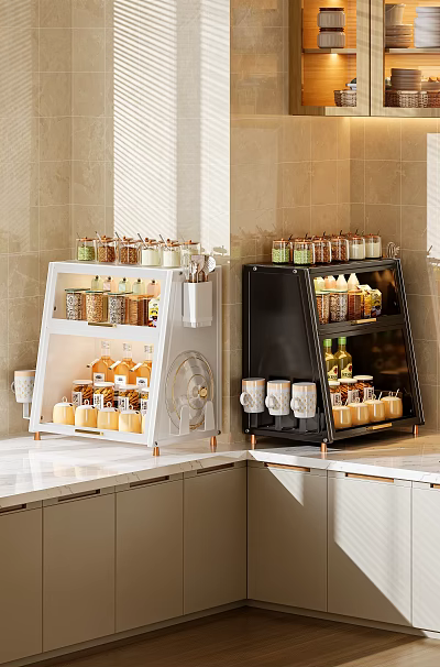 Modern Open Kitchen Cabinets White and Black with Glass Jars Spices and Mugs on Countertop 3d model