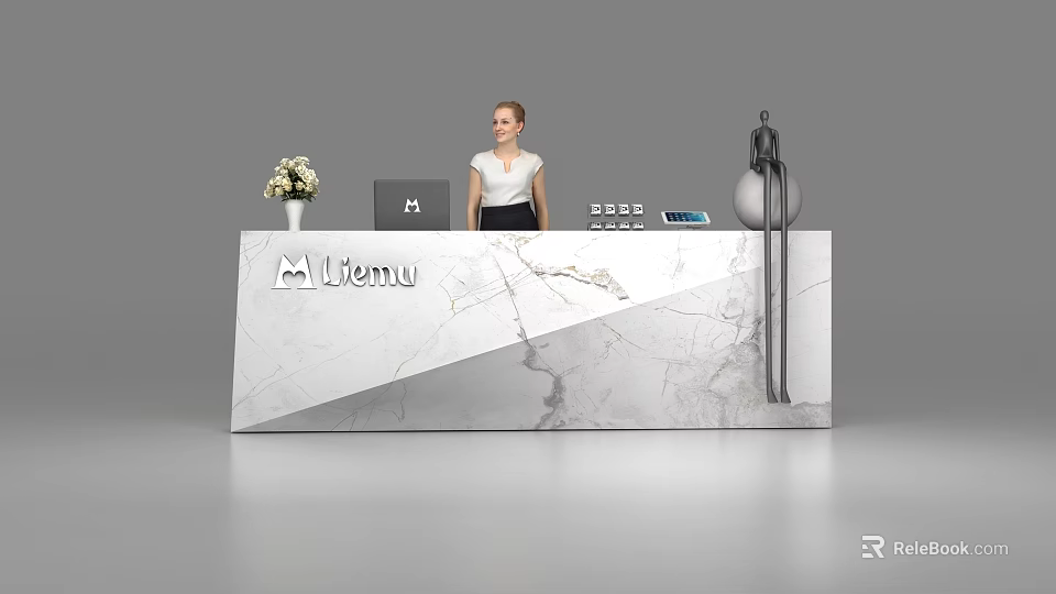 Elegant Marble Reception Desk With Litemu Logo Laptop Vase And Receptionist 3d model 