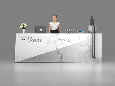 Elegant Marble Reception Desk With Litemu Logo Laptop Vase And Receptionist 3d model