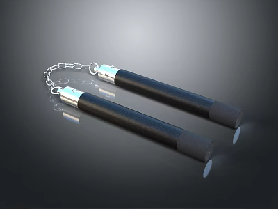 Sturdy Black Nunchucks With Silver End Caps Connected By Chain For Daily Living 3d model