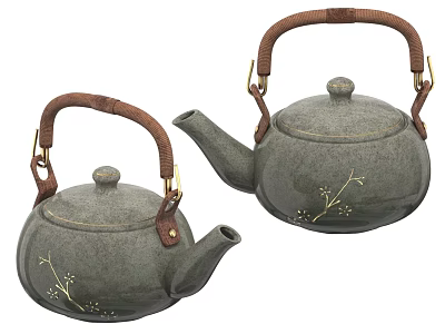 Two Gray Green Ceramic Teapots With Leather Handles And Golden Floral Patterns 3d model