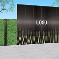 Modern Black Feature Wall With Logo Perforated Design And Green Hedge 3d model