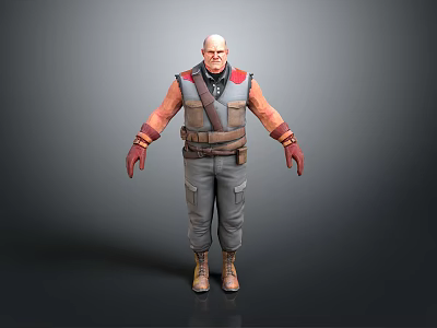 Bald Muscular Man 3D Model With Red Gloves Gray Pants And Utility Belt 3d model