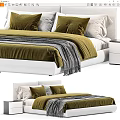 Modern Double Bed With Olive Green Bedding Velvet Pillows Gray Throw Blanket And White Headboard