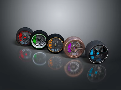 Multiple Colorful Car Wheels With Varied Colored Rims And Unique Hubcap Designs 3d model