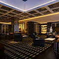 Elegant Luxurious Hotel Lobby Interior With Leather Sofas Patterned Carpet And Wooden Bookshelves