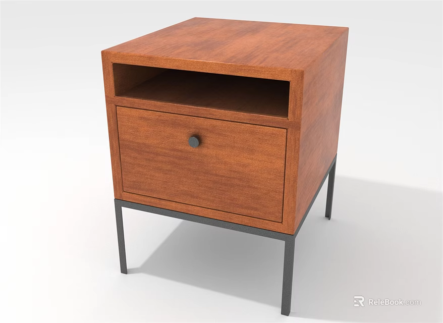 Brown Wooden Bedside Table Design With Open Shelf Drawer And Black Metal Legs 3d model 