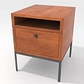 Brown Wooden Bedside Table Design With Open Shelf Drawer And Black Metal Legs