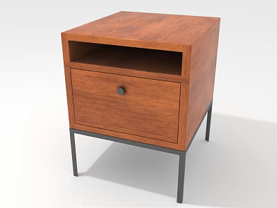 Brown Wooden Bedside Table Design With Open Shelf Drawer And Black Metal Legs 3d model