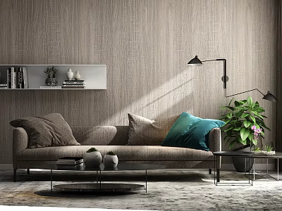 Light Brown Sectional Sofa With Colorful Cushions Wooden Textured Wall White Shelf And Green Plant 3d model
