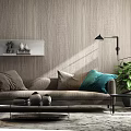 Light Brown Sectional Sofa With Colorful Cushions Wooden Textured Wall White Shelf And Green Plant