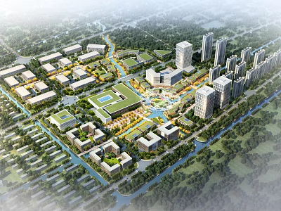 Birds Eye View Master Plan With Residential Commercial Buildings Green Spaces And Waterways 3d model